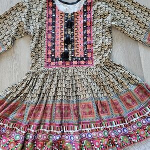 Boho Bohemian Fringe Hippie Colorful Pattern Women High Low Dress Tunic Sz Small